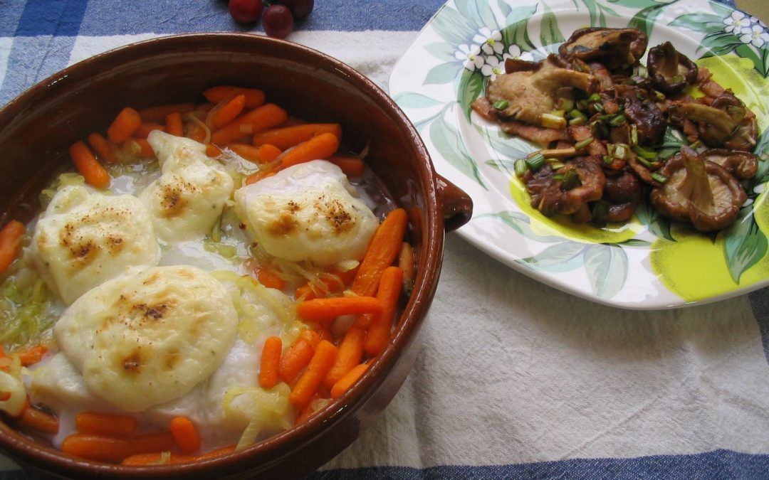 Bacalao con mayonesa al horno y setas con ajetes