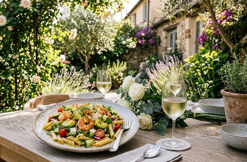 Ensalada de pasta con aguacates y langostinos en una mesa con una copa y flores,
